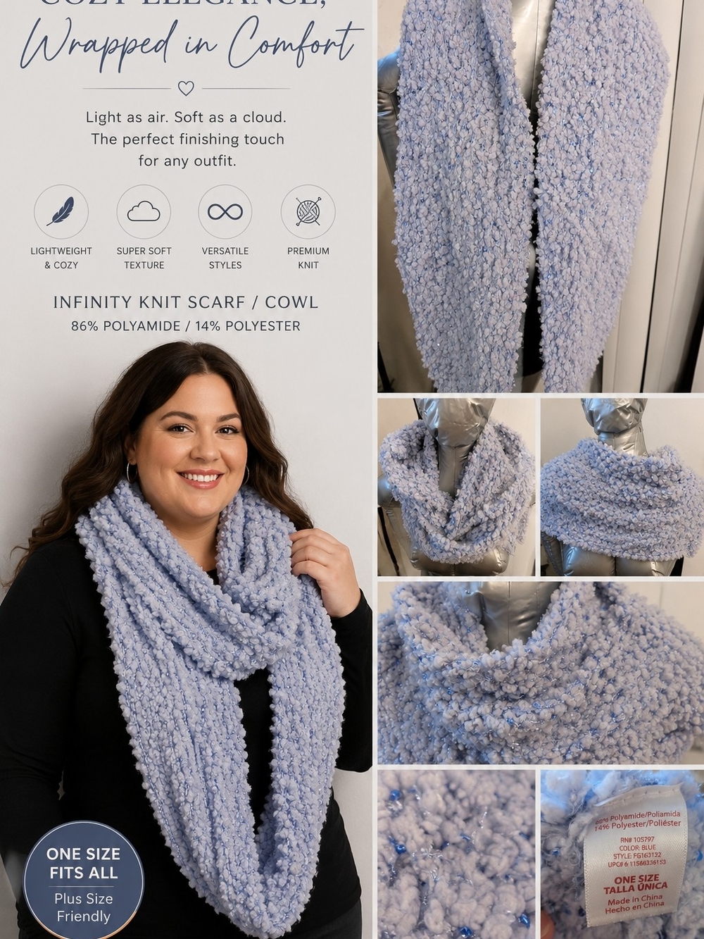Cozy Infinity Knit Scarf/Cowl - Light Blue